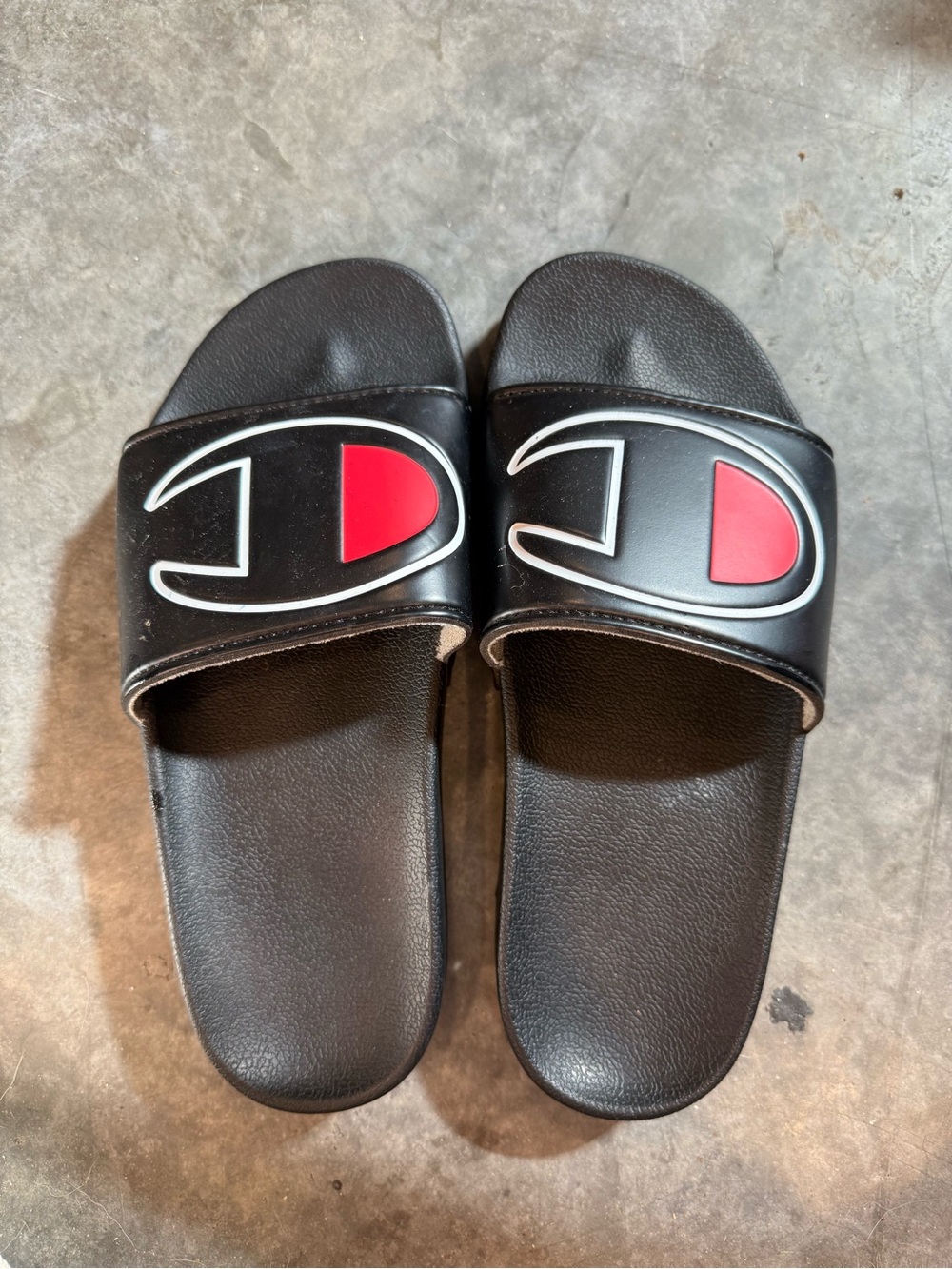 Kids Champion Black Slide Sandals with Red Logo